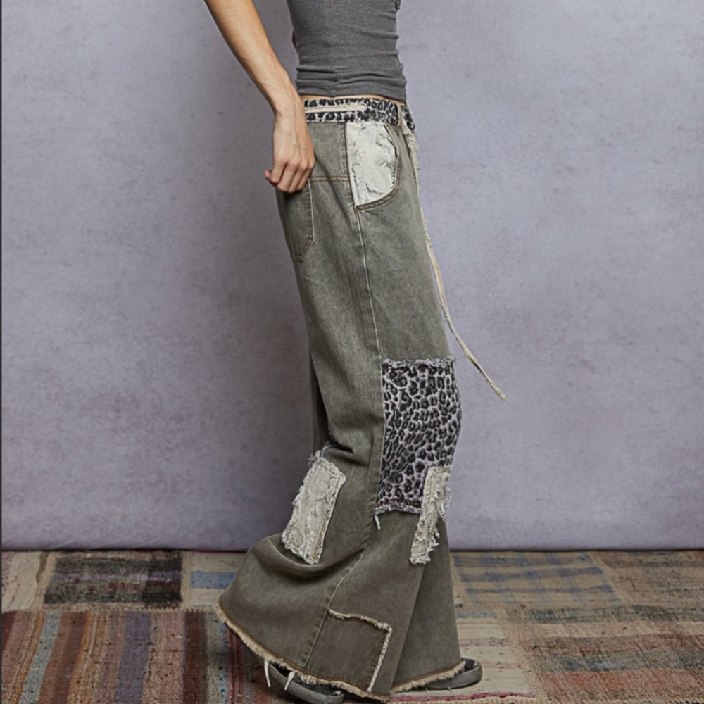 POL Olive Green Patchwork Wide-Leg Pants with Leopard Panels - Picture 4 of 5